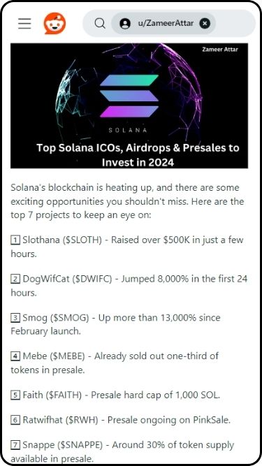 Slothana is a top ranked Solana ICO according to this Reddit post.