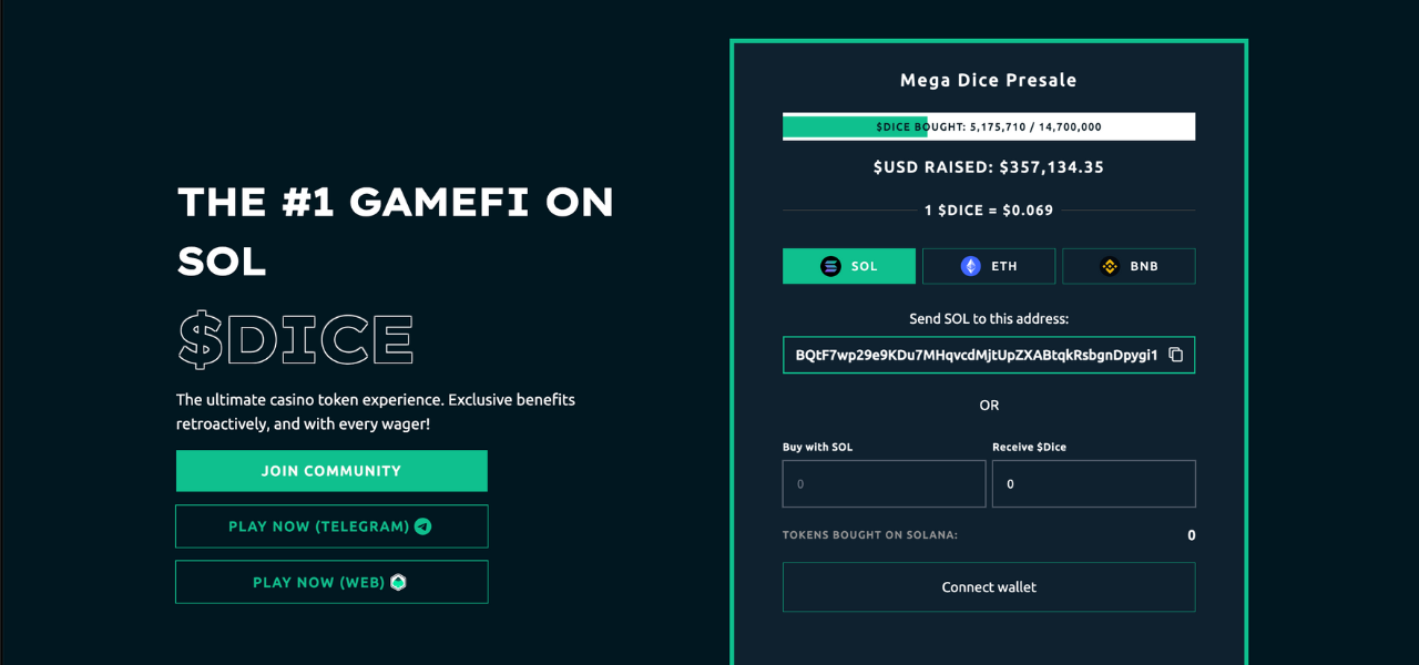 A screenshot of the mega dice presale page